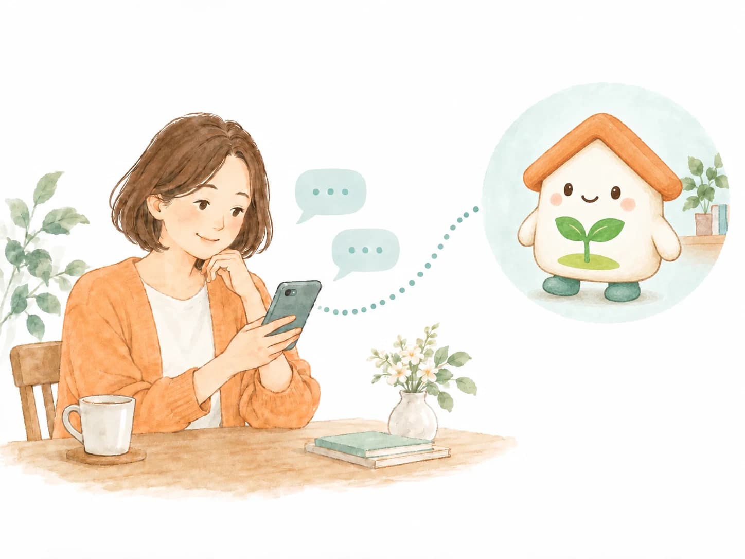 保護者がはるここのキャラクターとLINEで相談するイラスト