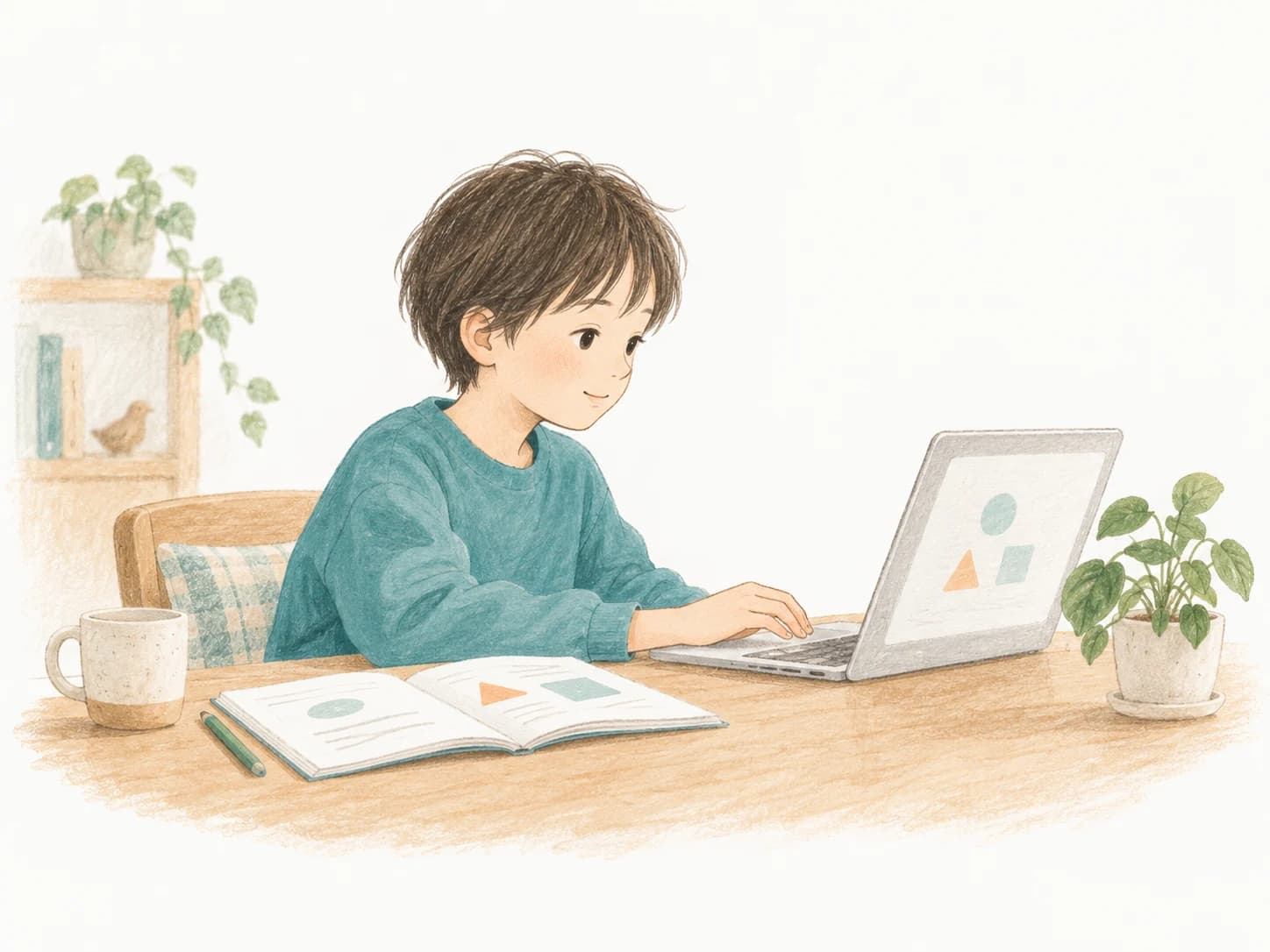 自宅でパソコンに向かい、自分のペースで学ぶ子どものイラスト